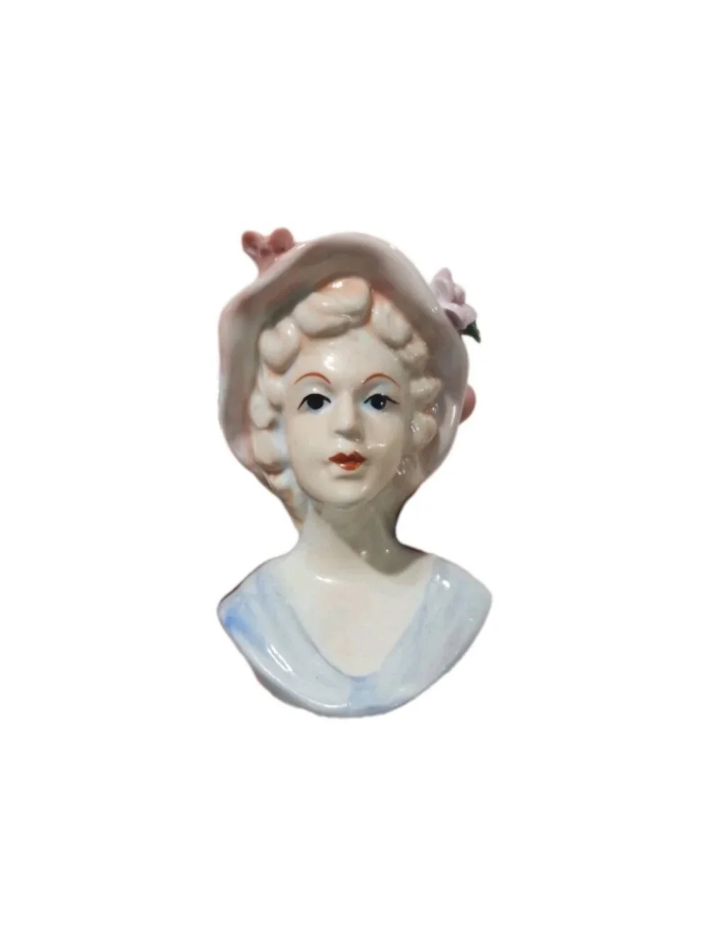 Vintage Porcelain Lady Head Vase Pink Hat Blue Dress Flowers 5” Tall